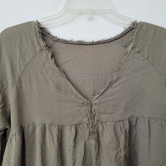 Shirt Women M Bohemian 3/4 Sleeve V-Neck Tunic Olive Frayed Edge Oversized - Picture 2 of 7